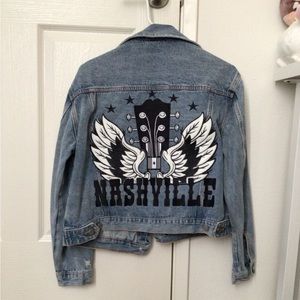 Light Blue Denim Jacket with Nashville Guitar Graphic
